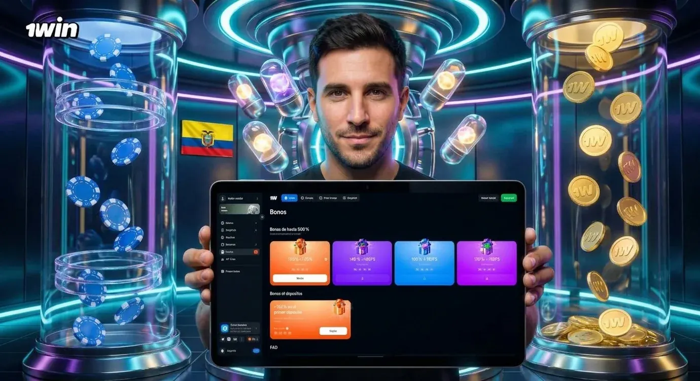 Jugador ecuatoriano sostiene una tablet con la sección de bonos de 1win, junto a la bandera de Ecuador, fichas y monedas doradas